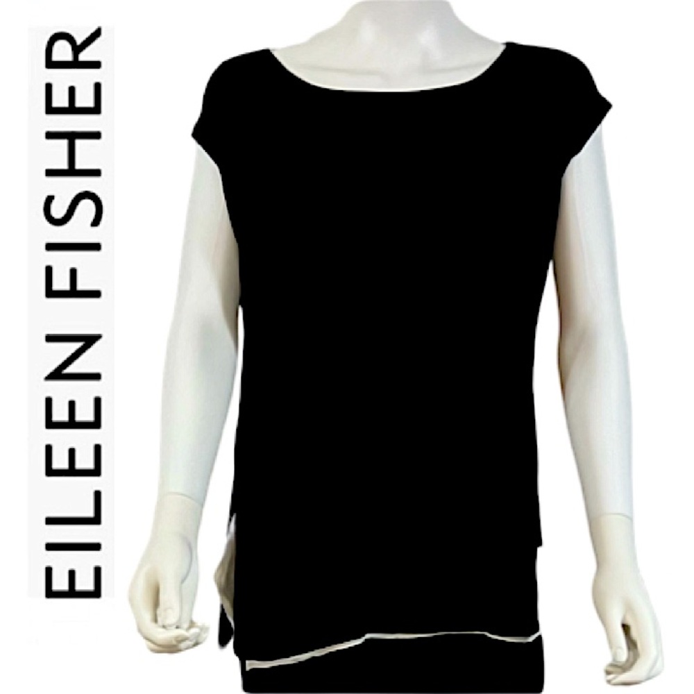 Eileen Fisher.NWT.Stunning 100% SILK double layered blouse. Black & Ivory. Small